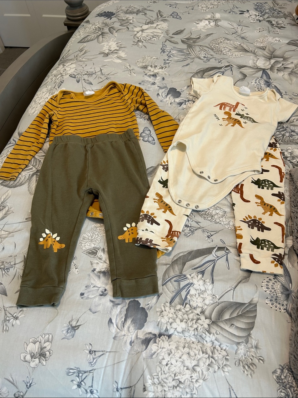 Carter's Mustard Stripe Top with Cream Dino Bodysuit and Olive Pants